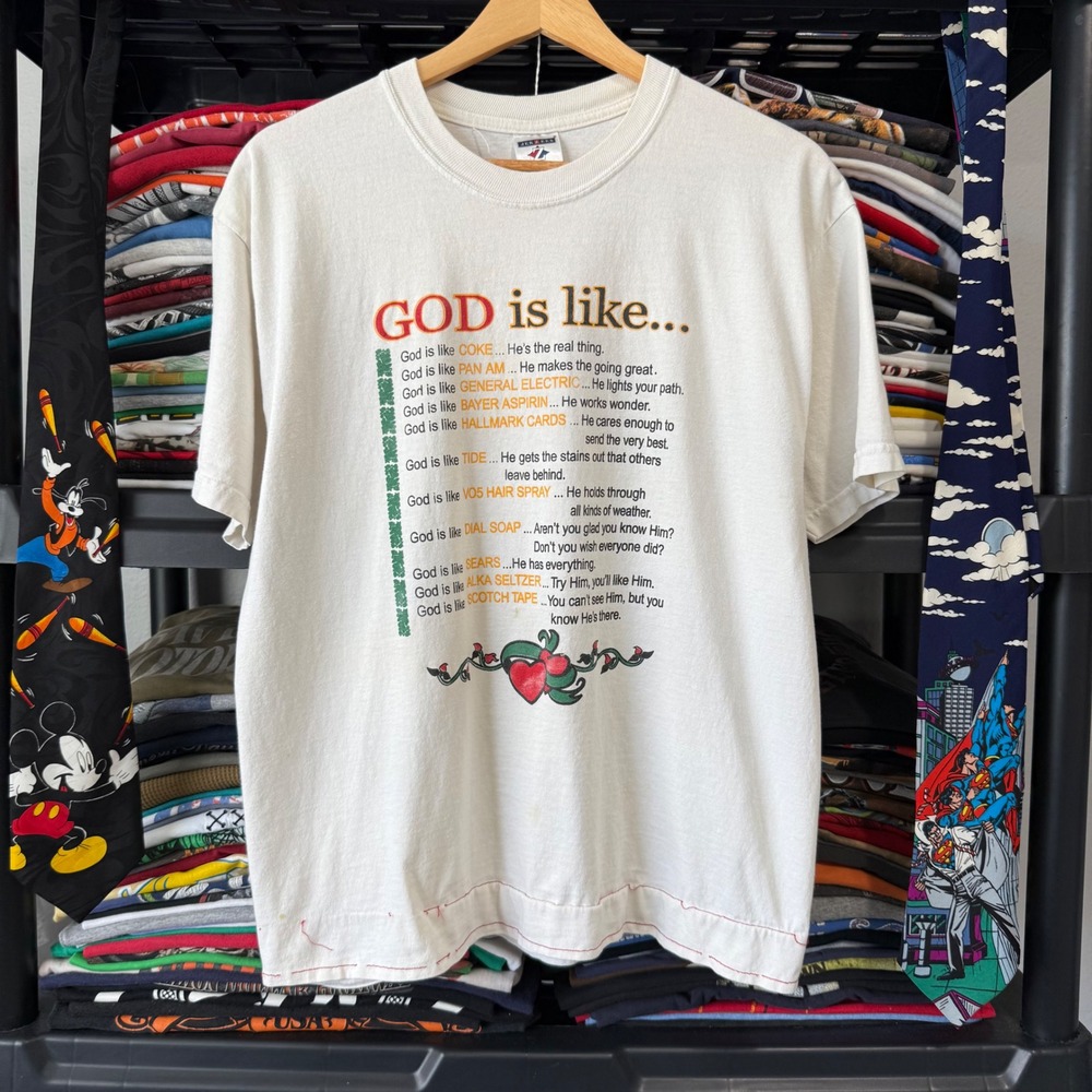Vintage White God Is Like Religious Graphic T-Shirt Large Light Marks Cropped